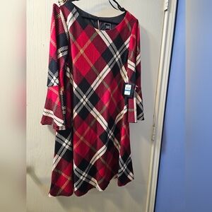 JH Collectibles Red and Black Plaid Midi Dress Sz XL 3/4 Ruffle Sleeve NWT